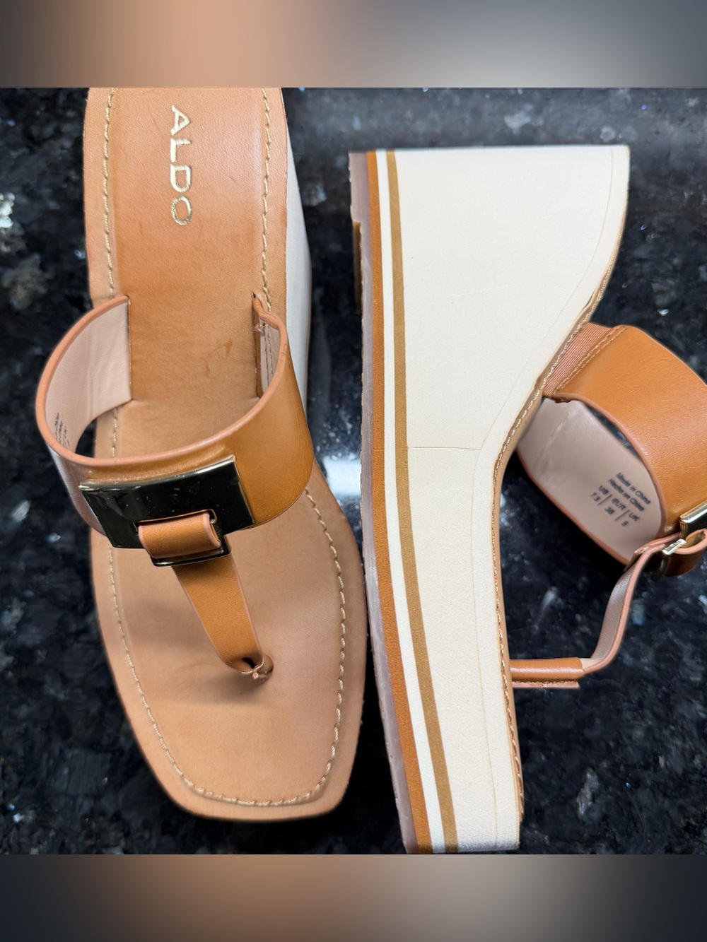 ALDO Women's Tan Thong Wedge Sandals Size 7.5 Gold Buckle Like Detail